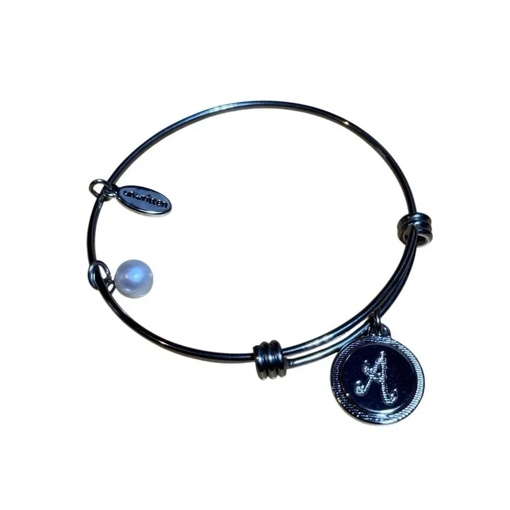 Unwritten Cursive “A” Pearl Silver Metal Charm Bangle